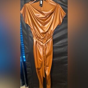 Camel off the shoulder tie waist skinny leg jumpsuit